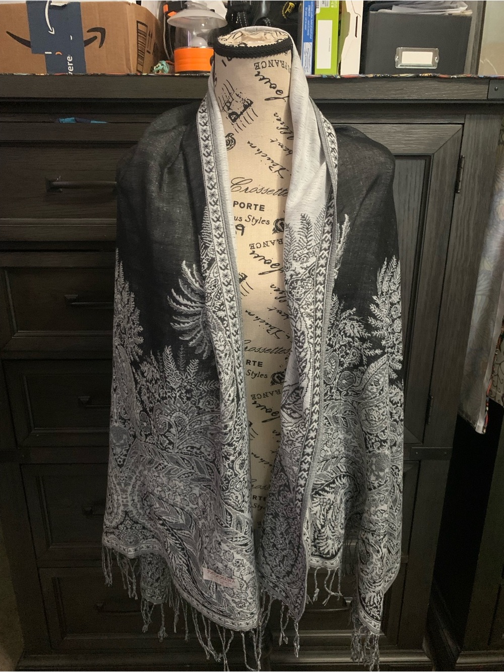 Black and White Paisley Fringe Shawl Wrap